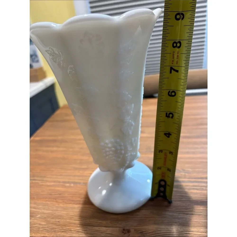Westmoreland White Milk Glass Pedestal Vase with Grape and Floral Relief